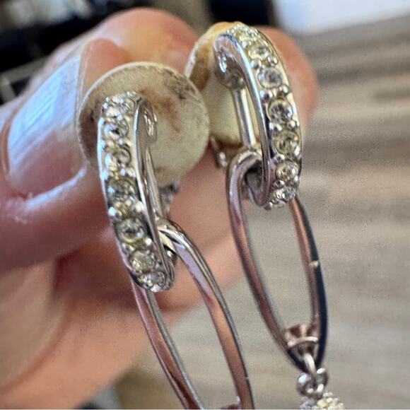 Swarovski Silver Tone Rhinestone Vintage Clip On Earrings Dangle Drop Pauve - Picture 6 of 8